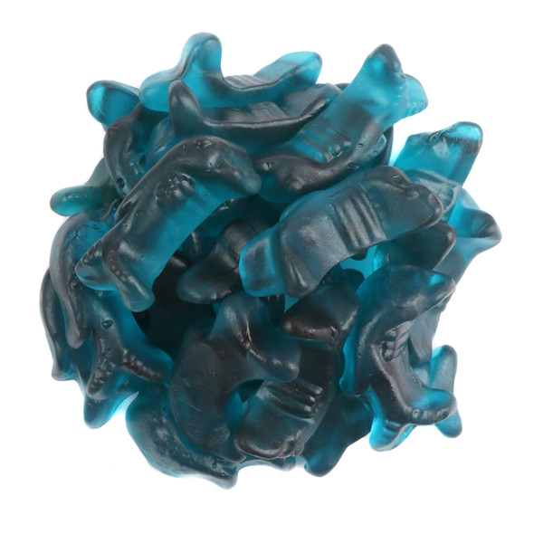 Blue gummy dolphins, 2.5 inches each, sweet blueberry candy, approx 57 pieces per pound.