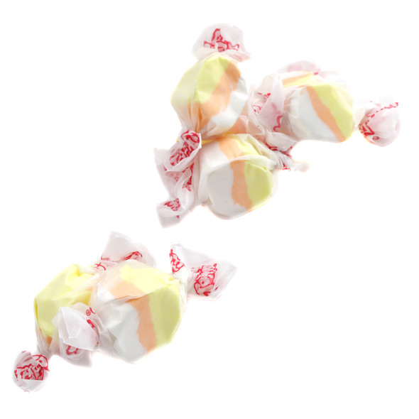 White, yellow, orange Candy Corn Taffy. Creamy smooth marshmallow, vanilla, caramel taffy. Approx 65 pieces per pound.