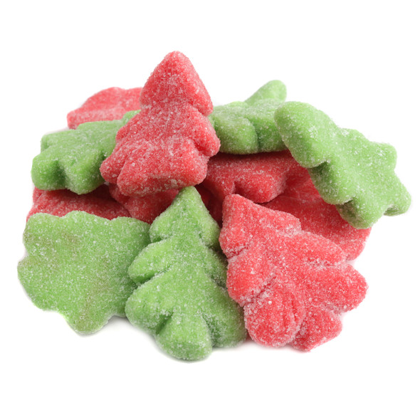 Sugar-coated, vibrant green Gummy Christmas Trees, strawberry apple flavor, approx 60 per pound.