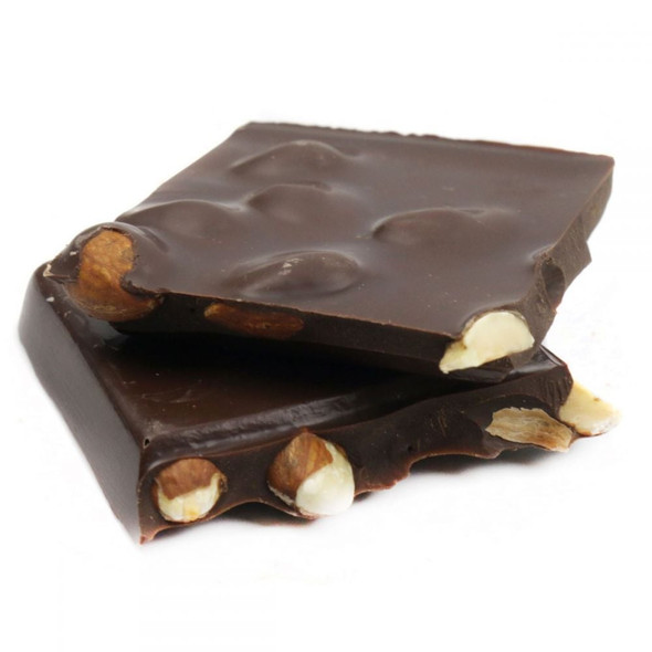 Ashers Dark Chocolate Almond Bark, irregular dark brown pieces, many visible crunchy almonds, USA.