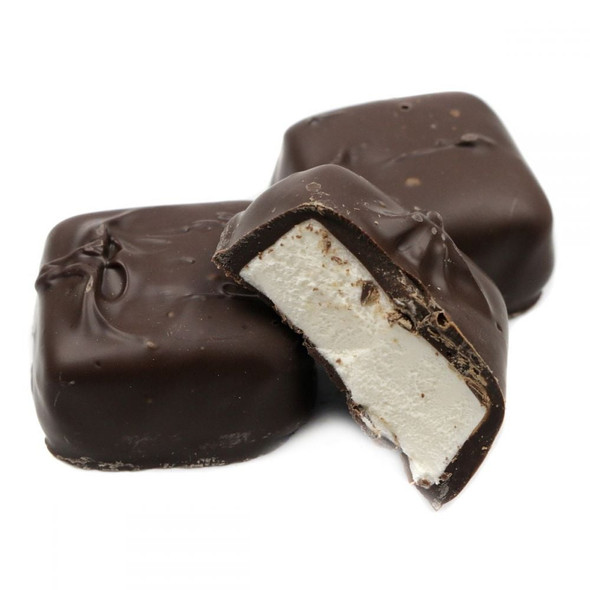 Asher's Jumbo Dark Chocolate Covered Marshmallows, rich dark brown, sweet white interior, approx 12 per pound.