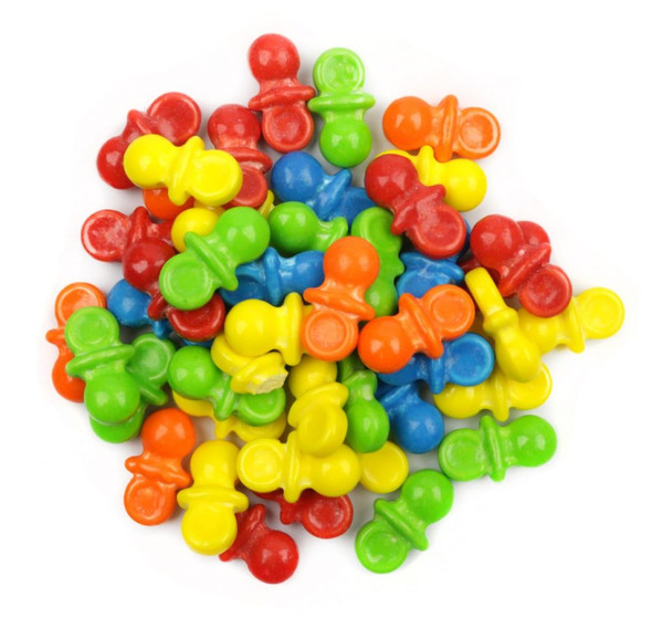 Oh Baby candy coated pacifiers, 3/4 inch, sweet and sour, for baby shower favors & decor.