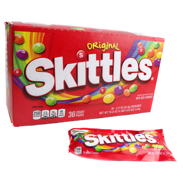 Skittles Original 36 pack. Colorful green, yellow, purple, red, orange fruity chewy candies, 2.17oz packs.