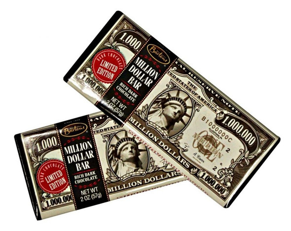 Bartons Million Dollar dark chocolate candy bar, 12-pack. Rich, smooth, 6-inch bars in attractive box.