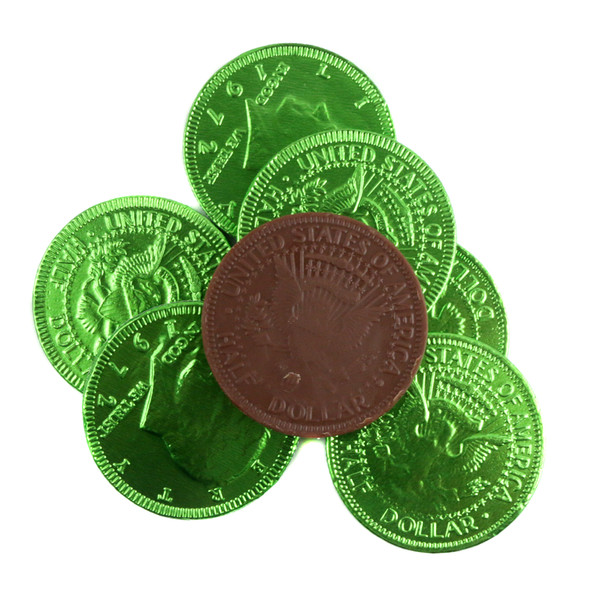 Green foil milk chocolate coins, US half dollar design, 1.5 inches, approx 80 per pound for St. Patrick's Day.