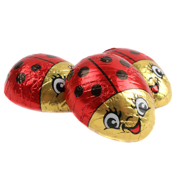 40 premium milk chocolate ladybugs, individually wrapped in glossy red, gold, and black foil, 1 3/4 inch size.