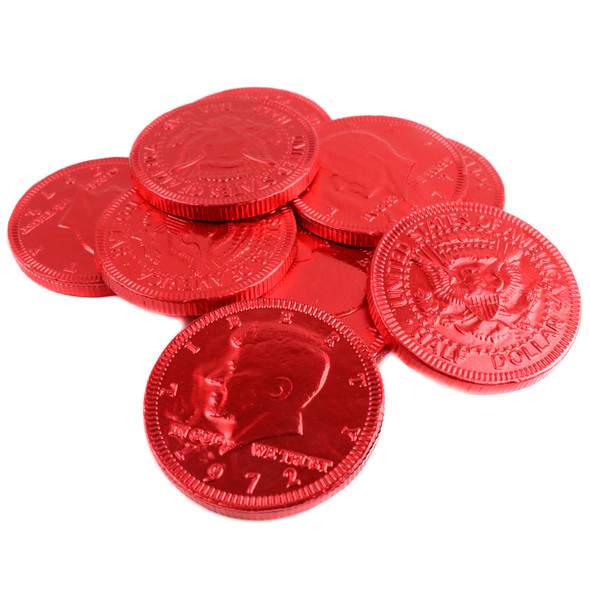 Bright red foil milk chocolate coins, 1.5-inch, US half dollar design. Perfect Valentines Day candy or red candy buffet.