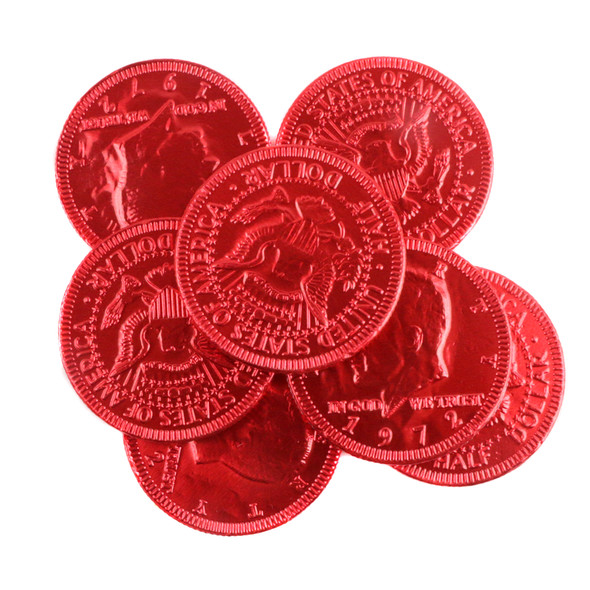 Bright red foil-wrapped 1.5 inch milk chocolate coins, featuring US half dollar design, great for Valentine's Day.