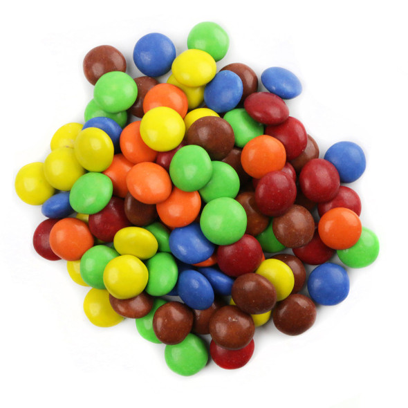 Milk Chocolate Rainbow Gems, vibrant crunchy candy shells in many colors, approx 400 per pound.