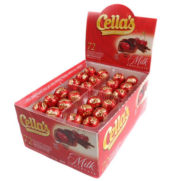 Cellas 72 piece chocolate covered cherries, rich dark red cherries with silky milk chocolate.