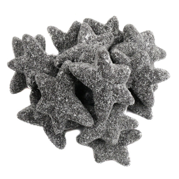 Chewy, super salty black licorice starfish dusted with sugar, made in Holland, a popular savory treat.