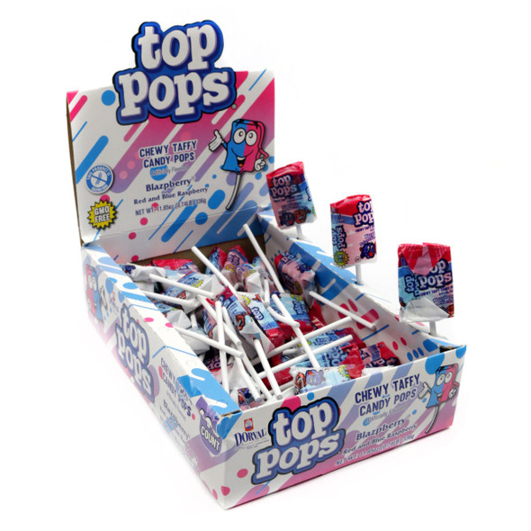 Dorval's Top Pops Blazpberry, 48 individually wrapped blue and red raspberry taffy lollipops.