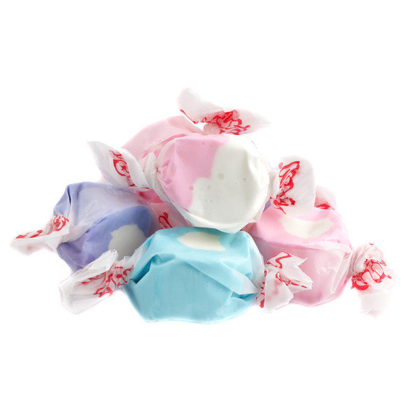 Salt Water Taffy Berries & Creme, pastel pink, purple, blue, red pieces, 65 per pound.