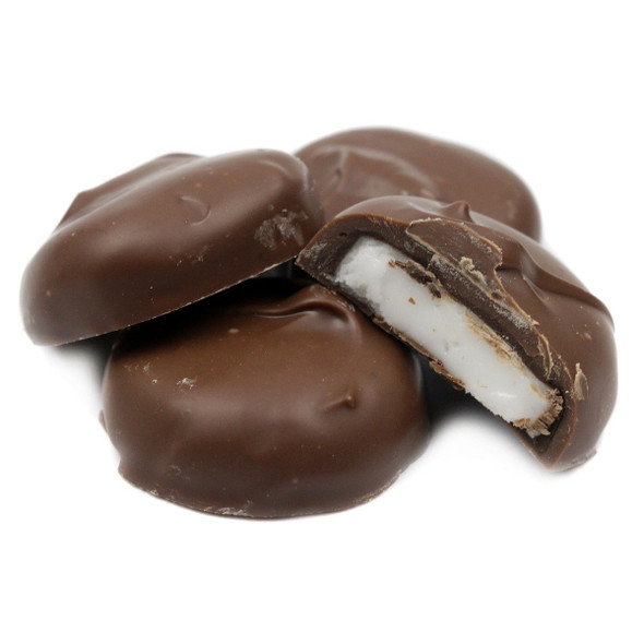 Asher's Double Dipped Milk Chocolate Mint Patties, round, rich brown, white mint interior, approx 29 candies per lb.