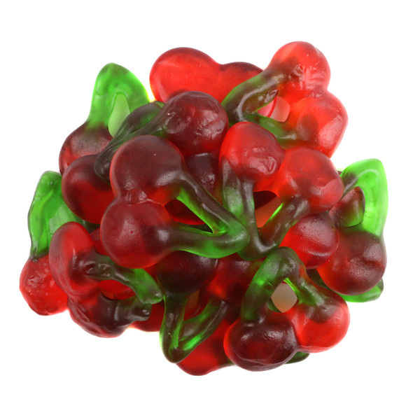 Haribo Gummy Happy Cherries, red twin gummy candies with green stems, 44 per pound, sweet cherry flavor.