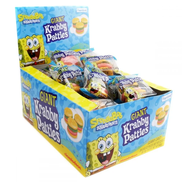 Giant SpongeBob Krabby Patties Candy, 36 individually wrapped gummy pieces, yellow bun, green lettuce, red-brown hamburger shaped.