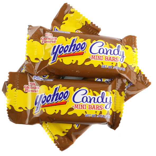 Brown Yoohoo mini chocolate bars, individually wrapped, fun size, approx. 32 pieces of chocolate candy per pound.
