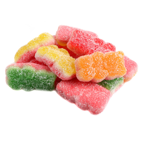 Colorful Gummy Sour Triple Bears, chewy and sweet with sandy sugar coating, five fruity flavors, approx 100 per lb.