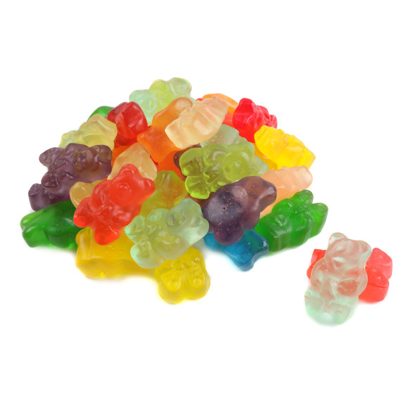 Albanese Gummy Bears, 12 vibrant fruit flavors like red, blue, green, yellow, orange, purple. Approx 140 gluten-free.
