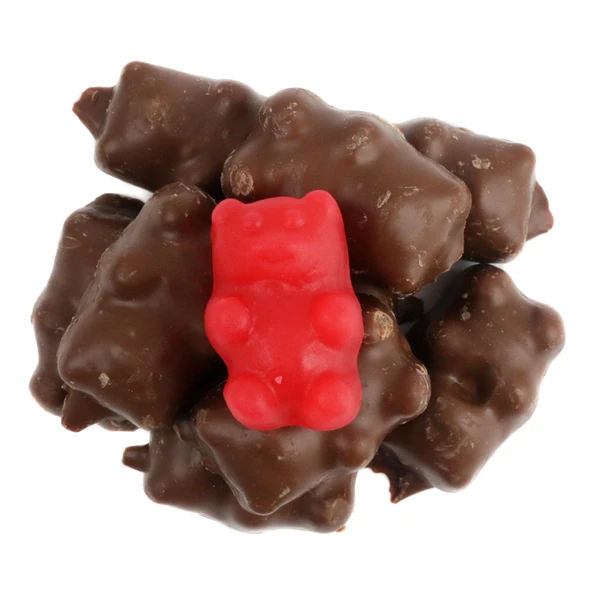Smooth milk chocolate covered chewy red cinnamon bears. Spicy Valentine's candy, approx. 32 brown & red pieces per lb.