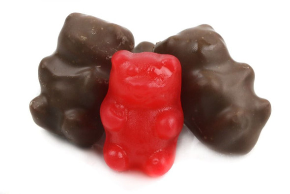 Smooth milk chocolate covered chewy red cinnamon bears. Spicy Valentine's candy, approx. 32 brown & red pieces per lb.