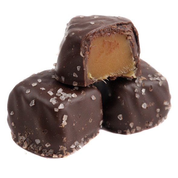 Ashers Dark Chocolate Covered Caramels with Sea Salt, approximately 30 rich, smooth, dark brown pieces per pound.