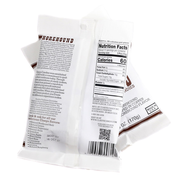 Claeys Horehound hard candy drops, 6oz bag, approximately 42 old fashioned semi-sweet pieces.