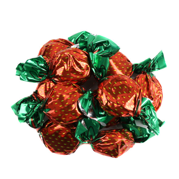 Vibrant red Primrose Strawberry Hard Candies, classic, old-fashioned, about 66 per pound, individually strawberry-foil wrapped.