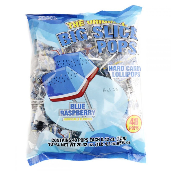 48 blue raspberry triangle-shaped Big Slice lollipops, individually wrapped.