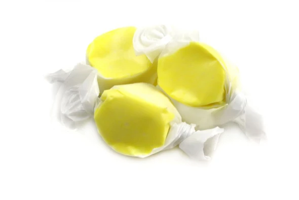 Bright yellow Banana Salt Water Taffy, approximately 60 pieces per pound, gluten-free, Made in USA by Sweets Candy.