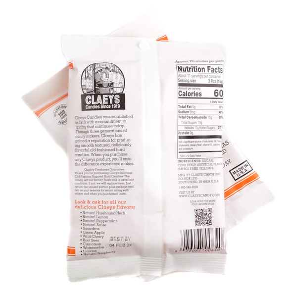 The back of a 6oz bag of Claey's Sassafras Hard Candy Drops, showing the nutritional facts, ingredients list, and allergen information.