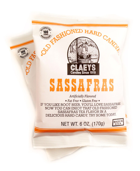 Claey's Sassafras hard candy drops, 6oz bag, approx 42 orange pieces. Old fashioned, USA made.