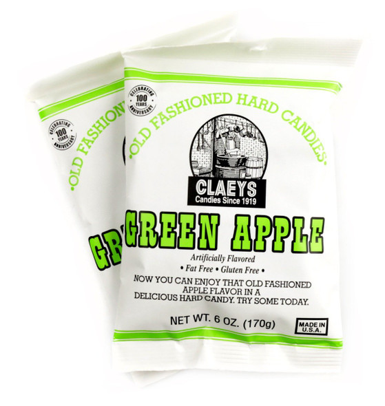 Claey's Old Fashioned Hard Candy Drops, vibrant green apple flavor, 6oz bag, approx 42 pieces, Made in USA.
