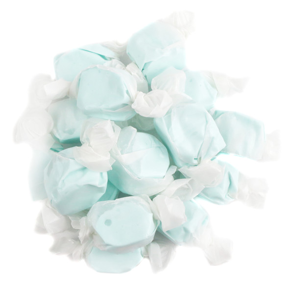 Light blue, individually wrapped Cotton Candy Salt Water Taffy, approximately 60 pieces per pound, USA made.