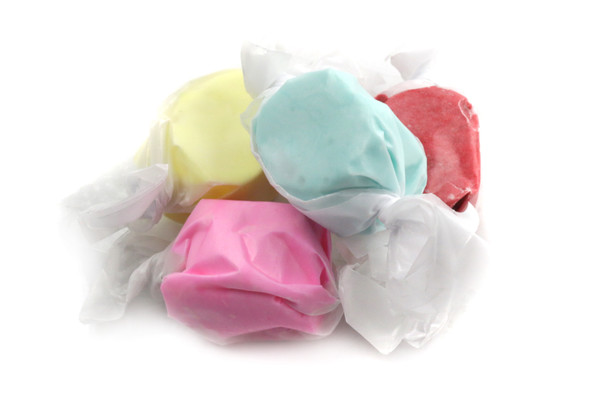 Colorful State Fair Salt Water Taffy assortment, 60 pieces, Buttered Popcorn, Cotton Candy, Red Licorice, Bubble Gum flavors.