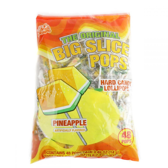 48 individually wrapped yellow triangle Big Slice Pops pineapple hard candy lollipops.