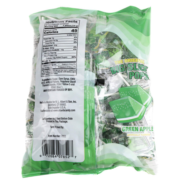 Nutrition facts label for Big Slice Pops Apple showing ingredients, serving size, and calories