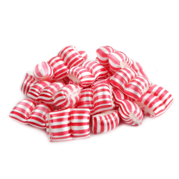 Peppermint Gems, 1 lb, 450 red, white ribbon shaped hard candies, refreshing peppermint flavor. USA made Christmas candy.