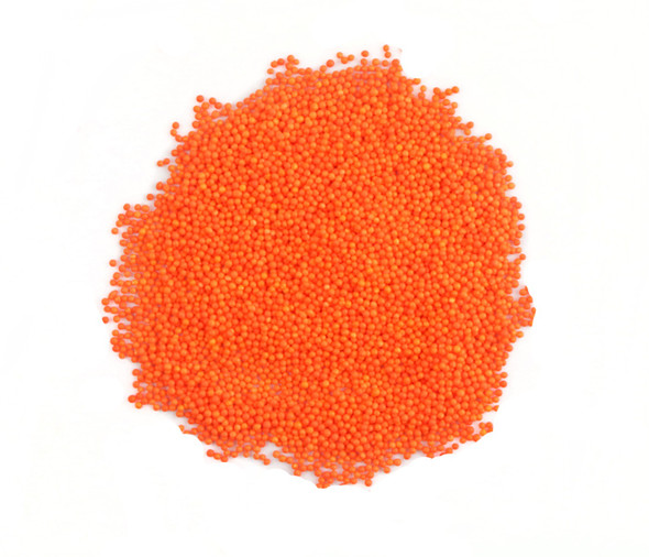 Bright orange nonpareil sprinkles, tiny confectionary balls, vibrant dessert topping. Made by Sprinkle King, USA.