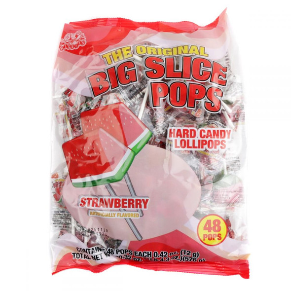 48 Big Slice Strawberry Pops, red triangle-shaped hard candy lollipops, individually wrapped.