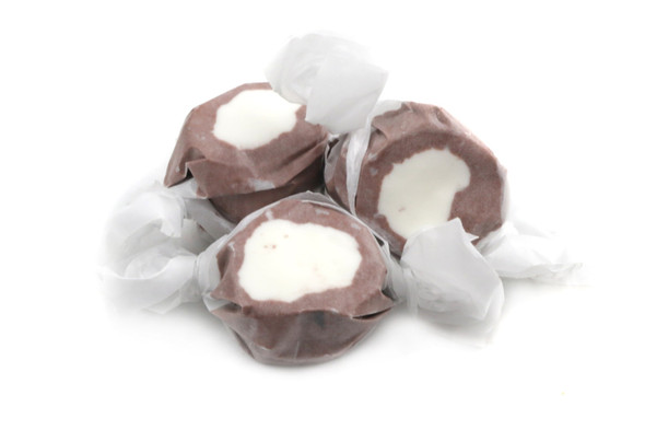 Brown, white Coconut Salt Water Taffy, tropical coconut flavor, approx 60 pieces per pound, gluten-free, USA.