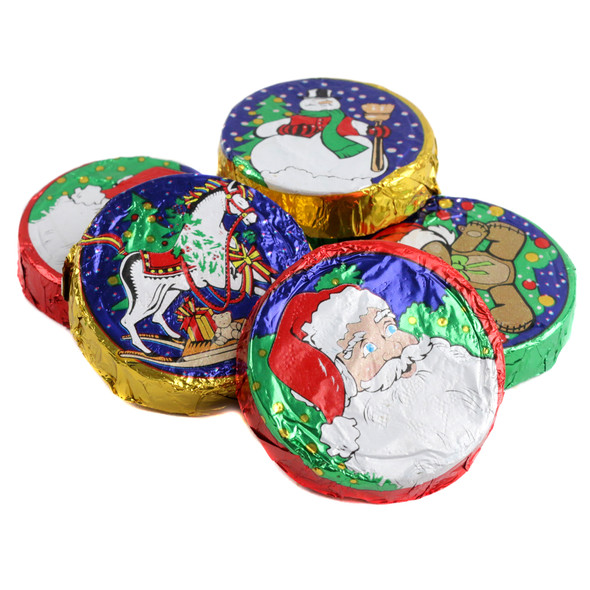 Christmas Chocolate Crisp Discs, double crisp, wrapped in festive red, green, gold foils.