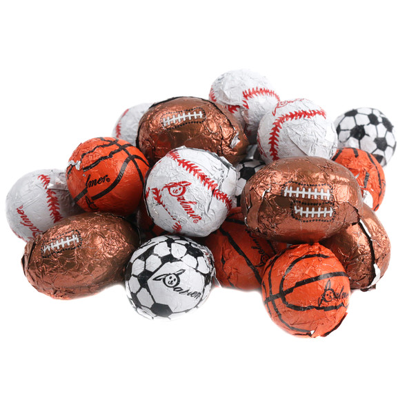 Assorted chocolate flavored sports balls, colorful foil wrapped footballs, baseballs, basketballs, soccer balls, 90 pcs/lb.