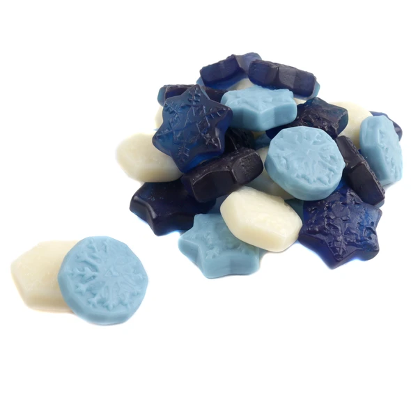 Albanese Gummy Snowflakes, blue, pink, yellow tender gummies. Pineapple, watermelon, blue raspberry flavors, approx 70 per lb.