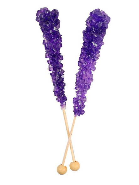 12 vibrant purple, grape-flavored rock candy sticks, individually wrapped, 6 inches long, USA made.