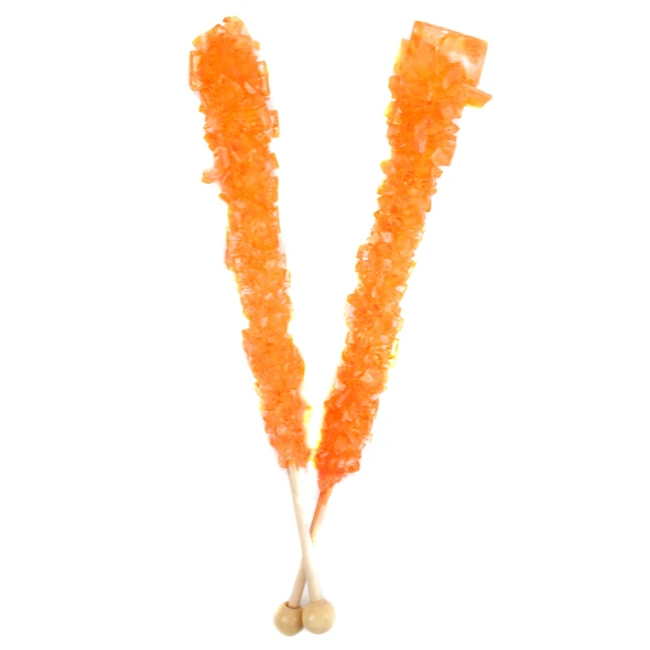 12 individually wrapped Espeez orange rock candy sticks, 6 inches long, bright orange.