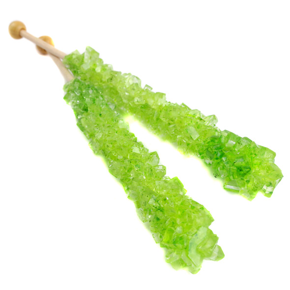 Light green rock candy sticks, 12 wrapped, 6-inch, watermelon flavor, USA made.