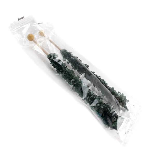 Black rock candy sticks, 12 individually wrapped pieces, black color, delicious cherry flavor.