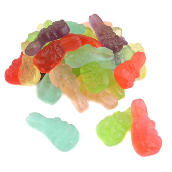 Assorted colorful gummy Easter bunnies, over 1 inch tall, in red, blue, green, yellow, purple. Approx 100 per pound.