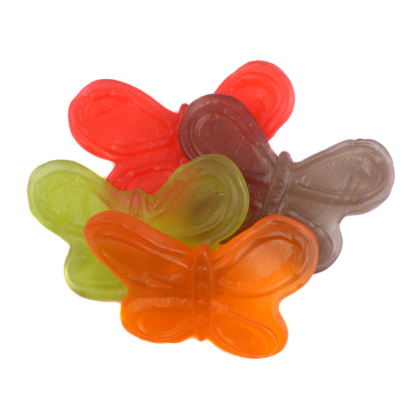 Detailed Large Gummy Butterflies, vibrant rainbow colors, 2 1/2 inch wingspan. Approx 30 fruit gummies per lb.